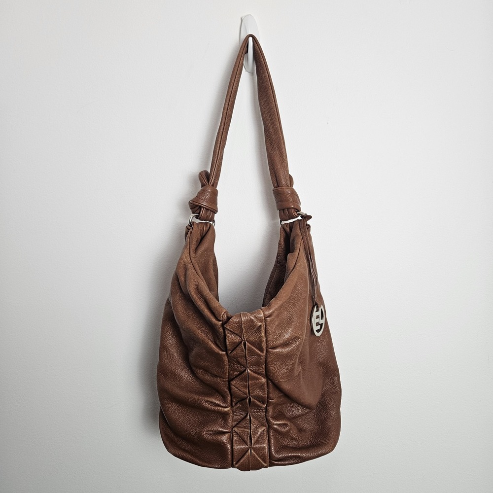 Elliott Lucca Shoulder Bag Hobo Purse Brown Pebbled Leather Knot‎ Ruched Front